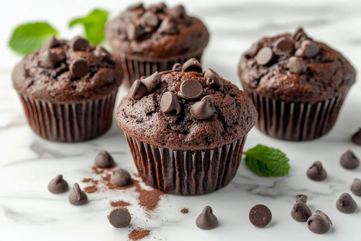 4_double_chocolate_muffins_on_the_white_surface_with_chocolate_chips_and_mint_leafs